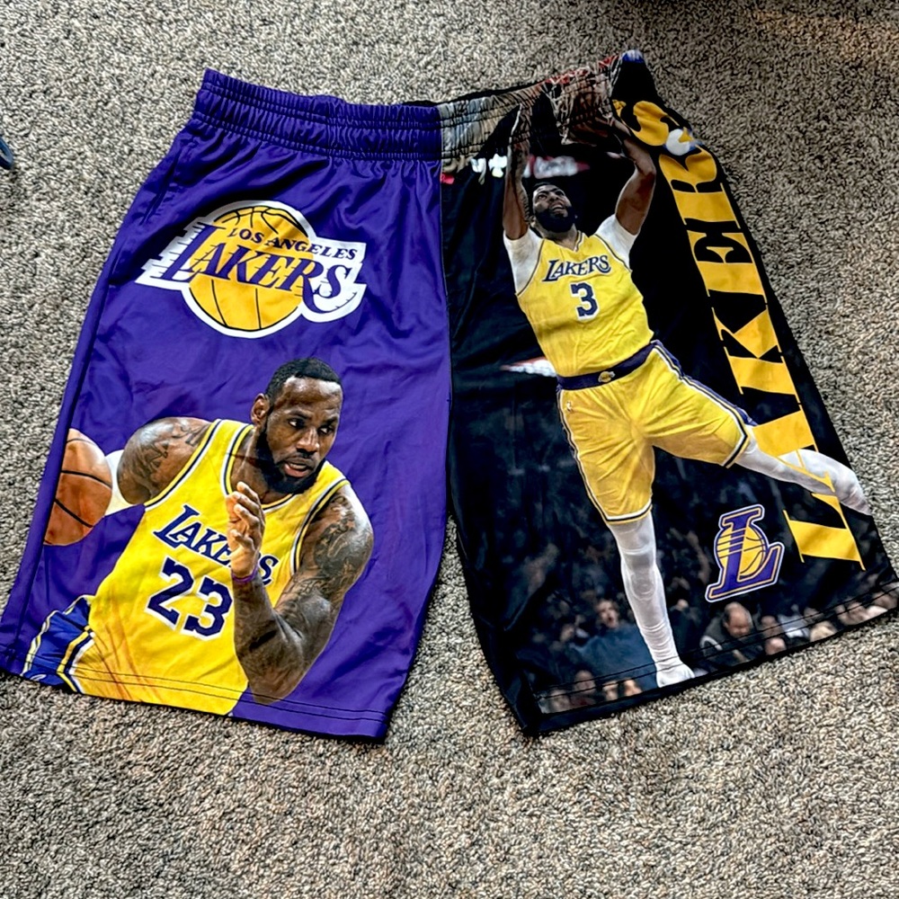 LIGHTLY USED: NBA LAKERS LEBRON/AD BASKETBALL SHORTS. SIZE: L (WORN ONCE)